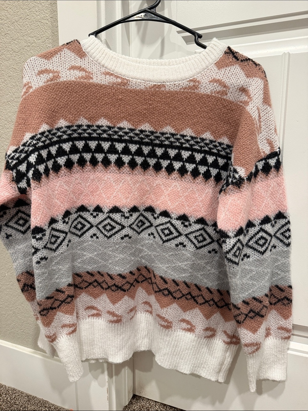Women's Crew Neck Fair Isle Sweater in Pink, Brown & Gray